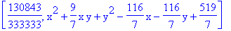 [130843/333333, x^2+9/7*x*y+y^2-116/7*x-116/7*y+519/7]